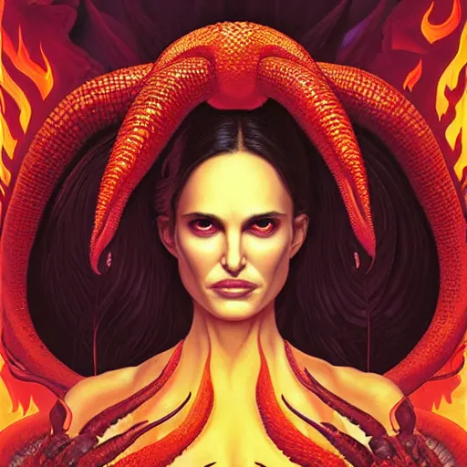 Image similar to queen of hell portrait of natalie portman, fire and flame, big long hell serpent octopus, Pixar style, by Tristan Eaton Stanley Artgerm and Wayne Barlowe and Tom Bagshaw and Boris Vallejo.