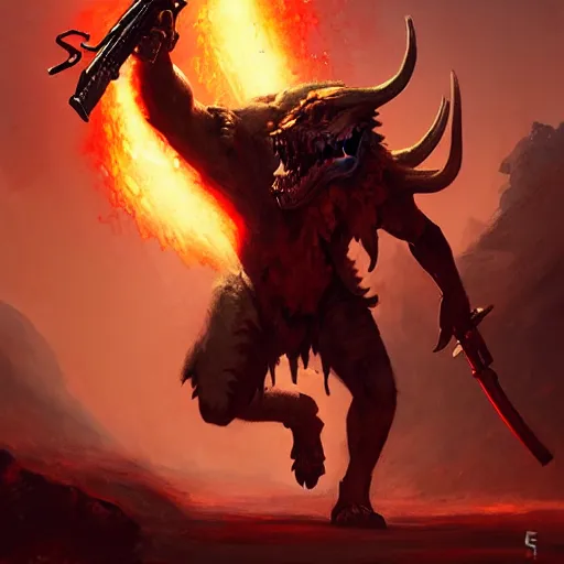 Image similar to a red skinned demon with rifle, stomp on a wolf skull, by greg rutkowski, magic the gathering, 4 k