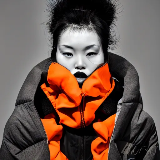 Prompt: black and white extremely beautiful photograph of a woman wearing an oversized orange puffer jacket in the style of dingyun zhang, yeezy, kanye west, balenciaga, vetements