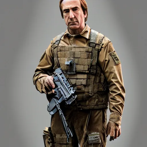 Image similar to Saul Goodman wearing heavy modern military gear and holding a machine gun, highly detailed, 4k