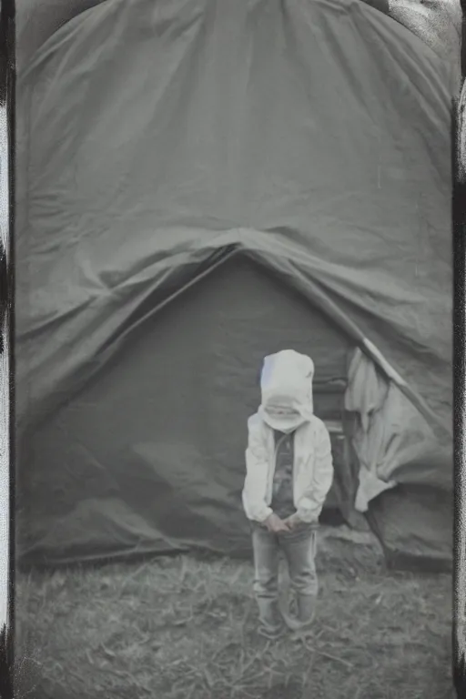 Prompt: photo polaroid of a sad and lonely child stands in the middle many big tents of field hospitals, pandemic, covid,loneliness, black and white ,photorealistic, 35mm film,