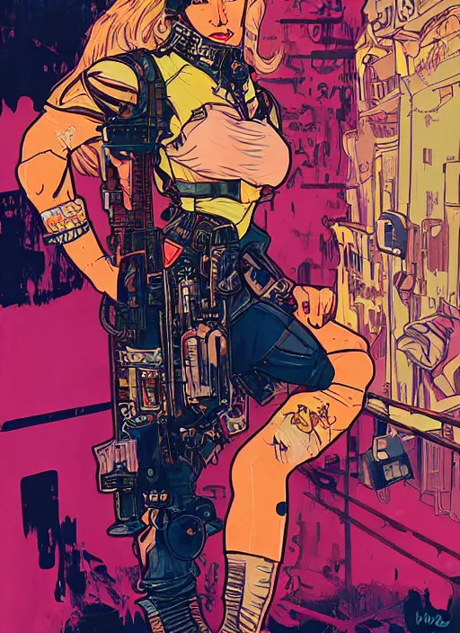 Prompt: maria. cyberpunk mercenary in scenic setting. portrait illustration, pop art, splash painting, art by ashley wood, alphonse mucha, laurie greasley and josan gonzales