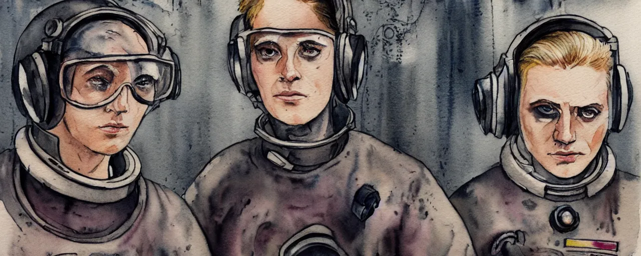 Image similar to watercolor character concept art 3 / 4 portrait of tattooed stoic heroic emotionless butch blonde woman engineer with short slicked - back hair, wearing dirty flight suit, wearing dark victorian goggles, working inside reactor room, awkward and uncomfortable and anxious, dirty. mike mignogna, ron cobb, industrial space program, scifi.