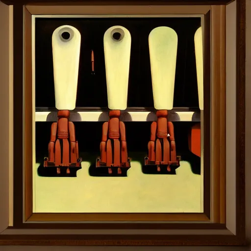 Prompt: three brutalist robot bishops portrait, grant wood, pj crook, edward hopper, syd mead, oil on canvas