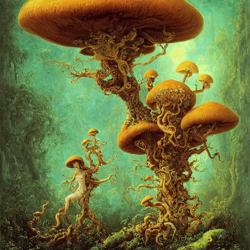 Prompt: a close - up rococo portrait of a colorful mushroom alien elf - like creature with futuristic features standing in water, moss, and swamp. glowing eyes. night time. rich colors, high contrast. gloomy, highly detailed 1 8 th century sci - fi fantasy masterpiece painting by jean - honore fragonard, moebius, and johfra bosschart. artstation