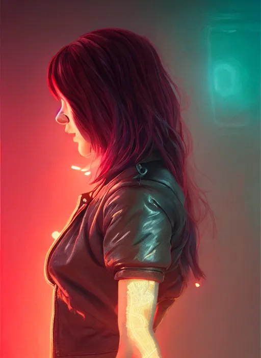 Image similar to pretty young woman with shoulder length shiny shimmering dark red hair and wearing a stuffed leather jacket with the glow of neon lights illuminating her, path traced, highly detailed, high quality, digital painting, by cd projekt red, cyberpunk, leesha hannigan, makoto shinkai