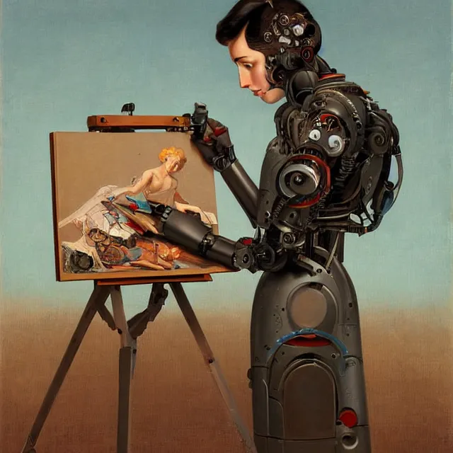 Prompt: robot artist painting a self - portrait on a canvas. intricate, highly detailed, digital matte painting, in the style of alexandros pyromallis, and in the style of sachin teng, and in the style of hans thoma, and in the style of gil elvgren. irony, recursion, inspiration, streamline moderne.