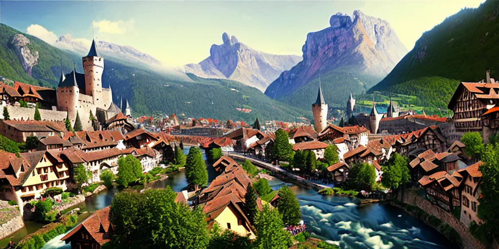 Image similar to view of medieval walled city nestled in a mountain with small river flowing through center, large castle high up in a mountain peak in the background, alpine architecture, half - timbered, tudor style houses, chalet, soft colors, cozy, very beautiful, intricate, majestic, concept art, artgerm, james gurney, trending on art station