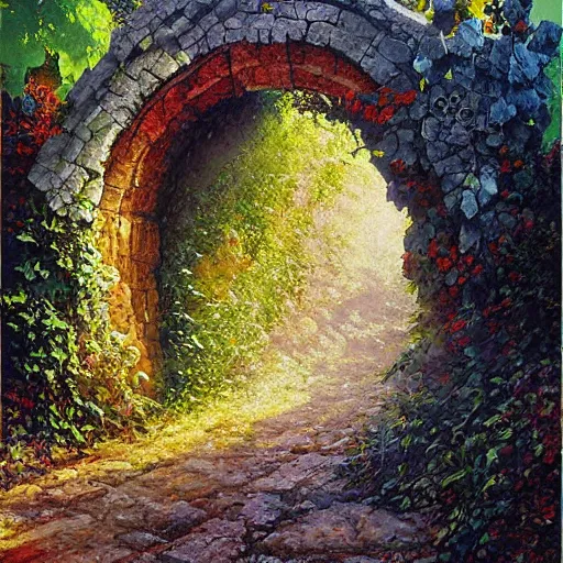 Image similar to colorful marc simonetti and Mark Keathley impasto!! acrylic painting of the slate stone gateway of a forgotten civilization. vines and creepers, stone etchings