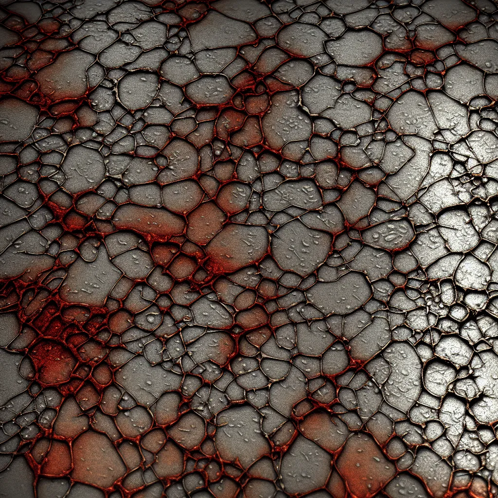 Image similar to tileable texture , damaged alumiunium, surface imperfections, grunge, dirt ,rust, oxydation, reaction, super detailed texture, octane, amazing details, dynamic light , substance designer render, zbrush sculpt, ,scratches , stains, spilled oil, gasoline, realistic,diffraction diffusion ,
