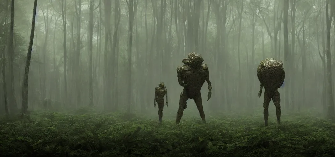 Image similar to a complex organic fractal 3 d metallic symbiotic ceramic humanoid megastructure creature in a swampy lush forest, foggy, cinematic shot, photo still from movie by denis villeneuve, wayne barlowe