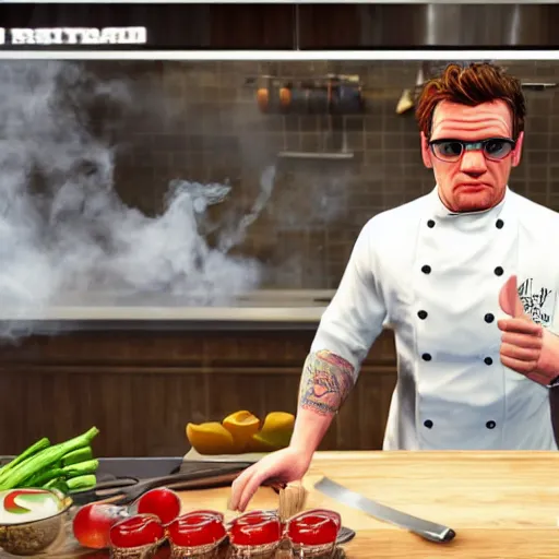 Image similar to GTA 5 photorealistic Gordon Ramsey cooking a unicorn in an intricate kitchen 4k