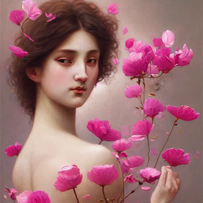 Image similar to a wonderful goddess made of pink petals as texture of the skin, intricate, elegant, highly detailed, wonderful eyes, sweet, digital painting, artstation, concept art, smooth, sharp focus, illustration, art by artgerm and greg rutkowski and alphonse mucha and william - adolphe bouguereau