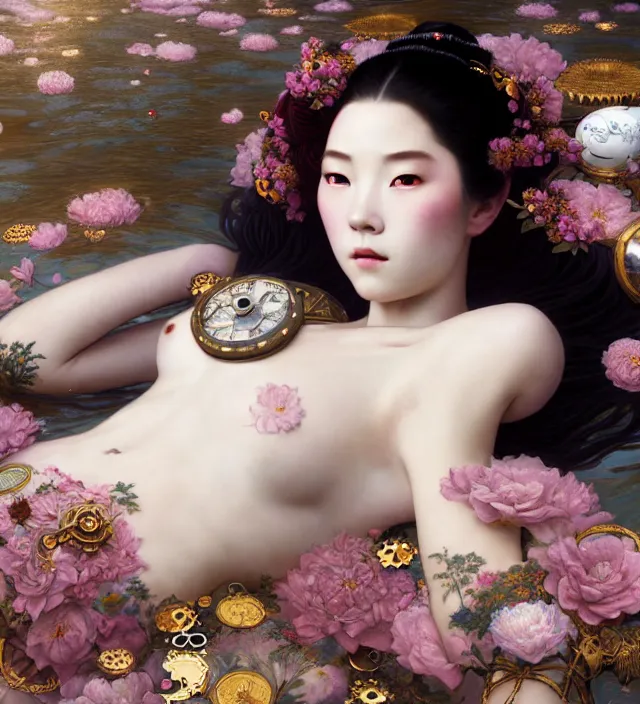 Image similar to baroque portrait of one geisha woman of porcelain skin with steampunk elements lying down in a river made of thousand of flowers, cinematic lighting, photorealistic, octane render, 8 k, depth of field, art by artgerm and greg rutkowski and alphonse mucha and uang guangjian