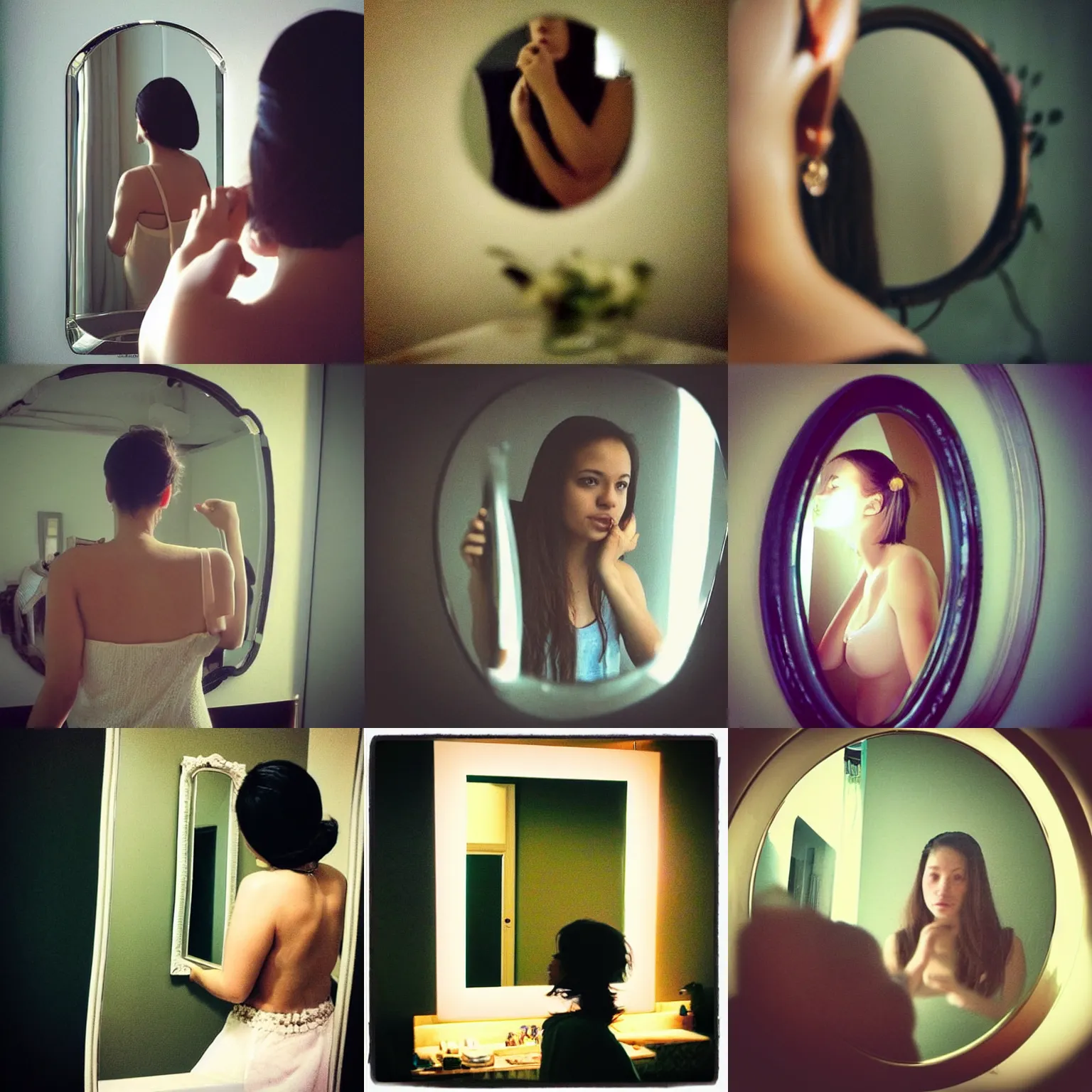 Prompt: “A beautiful woman looks in the mirror, first person perspective”