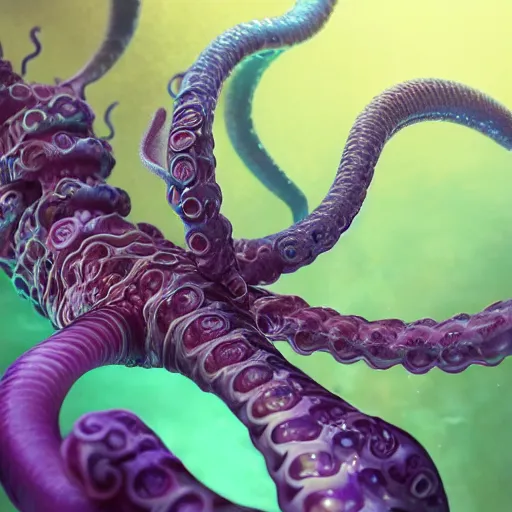 Prompt: tom bagshaw, ultra realist waves miniatures underwater curiosities squids carnival, a single very beautiful long tentacles in full underwater armor, symmetry accurate human features, focus, very intricate ultrafine details, green purple aqua volumetric lights, award winning masterpiece, octane render 8 k hd