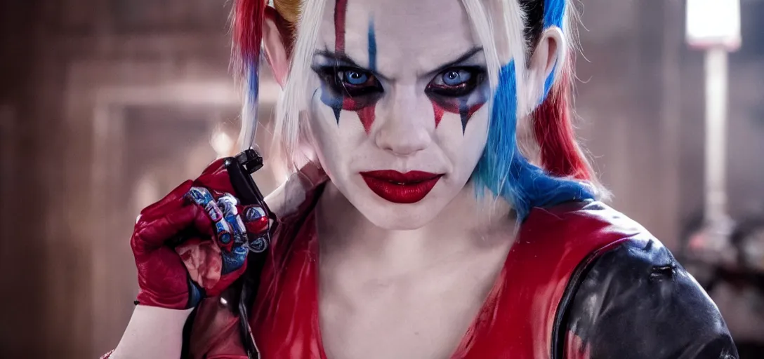 Image similar to real-life Harley Quinn, cinematic, Wide-shot, atmospheric lighting, directed by Quentin Tarantino, extreme detail, 8K, movie still