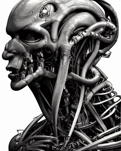 Image similar to Engineer from Prometheus by Yoshitaka Amano, by HR Giger, biomechanical, profile portrait, 4k, wide ayes, hyper detailed, hyperrealism, anime