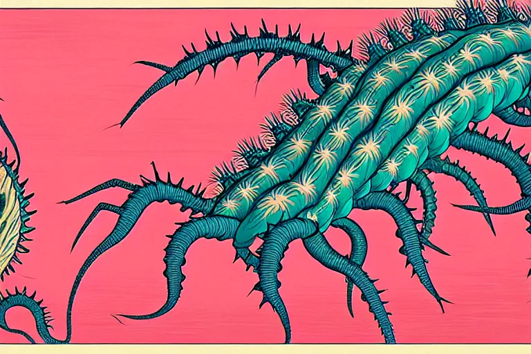 Image similar to ukiyoe painting of in a cambrian era ocean crawls an anatomically correct hallucigenia upon pink sand, trending on artstation