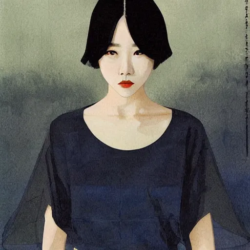 Prompt: Lee Jin-Eun by Tran Nguyen, rule of thirds, seductive look, beautiful