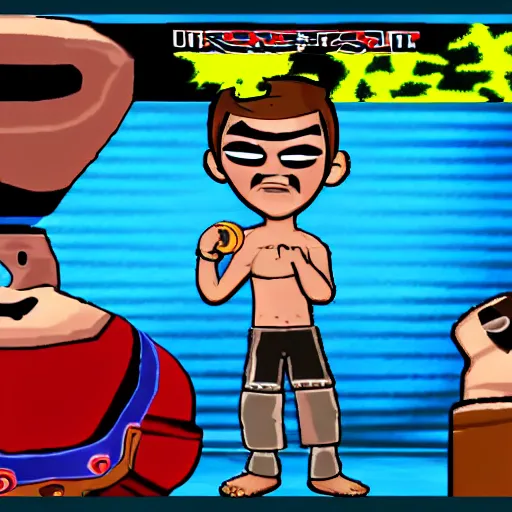 Image similar to character screenshot of ufc fighter sean o'malley in psychonauts, ps 2 platform game, dream world, sd video, cutscene, colorful hair, designed by scott campbell