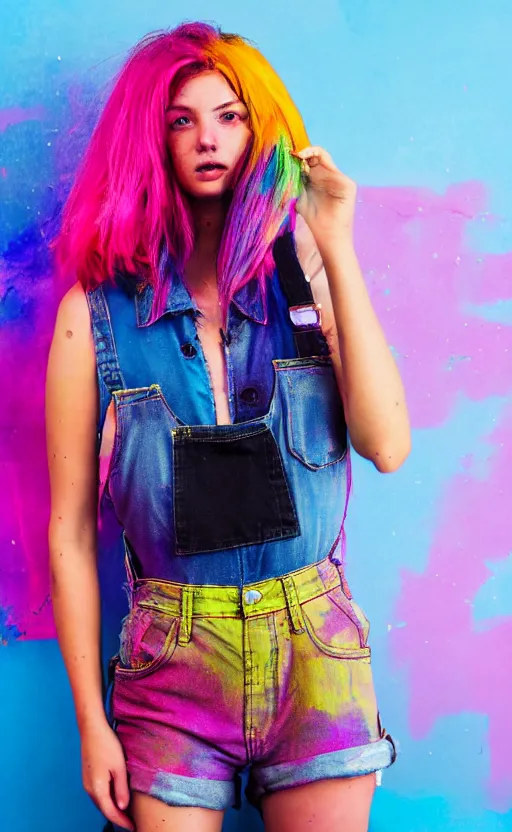 Image similar to grungy woman, rainbow hair, soft eyes and narrow chin, dainty figure, wet t-shirt, torn overalls, skimpy shorts, covered in neon paint, luminescent, black background, Sony a7R IV, symmetric balance, polarizing filter, Photolab, Lightroom, 4K, Dolby Vision, Photography Award