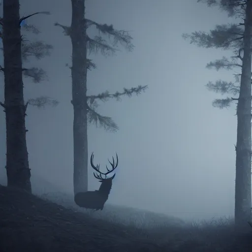 Prompt: An elk looking at the camera with red eyes in a dark misty forest, artstation, cinematic, detailed