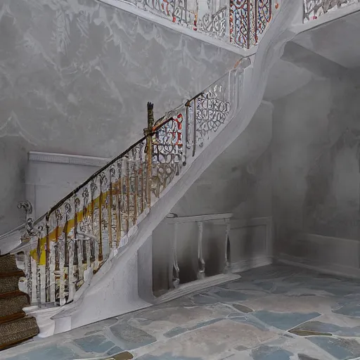 Image similar to A stunningly beautiful award-winning 8K dutch angle cinematic movie photograph looking up a staircase toward the room of the first female Catholic priest possessed by a demon. perfect composition, moody low key. Color palette from Seven, greens yellows and reds. 2 point perspective. Octane render