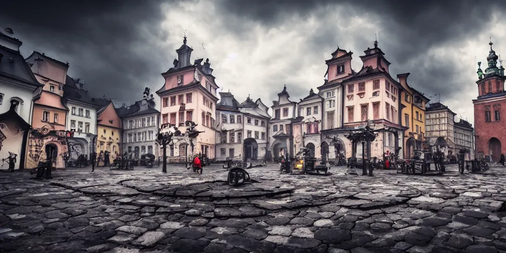 Prompt: Futuristic Cypher punk Cracow town Poland Cracow , dramatic lighting , insanely detailed, art station, 8K HD resolution , dramatic lighting, thunders