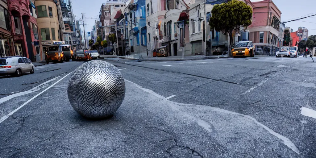 Prompt: giant disco ball rolling down the street of san francisco, destroyed houses, broken asphalt roads, highly detailed, 3d