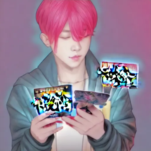 Image similar to jimin playing with pokemon cards, in the style of james jean, artstation trending, 8 k, 3 d render, photorealistic, volumetric lighting caustics, pink