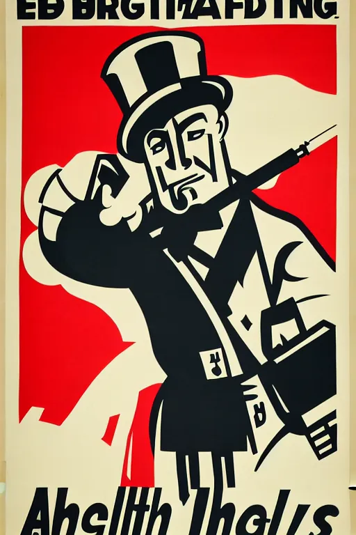 Image similar to fictional propaganda poster showing a man pointing to the left with artillery behind him, highly stylized, high contrast, limited palette, 1 9 2 0 s