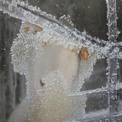 Image similar to a beautiful closeup photo of a frost patterns on a window as a painting of a sheep, hyper realistic, hyper detailed, octane render, raytracing, frost on a window