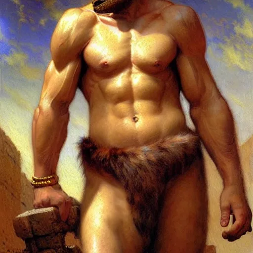 Image similar to a portrait of a furry minotaur, furry body, furry chest, furry arms, furry legs, tail. highly detailed painting by gaston bussiere, craig mullins, j. c. leyendecker, furry