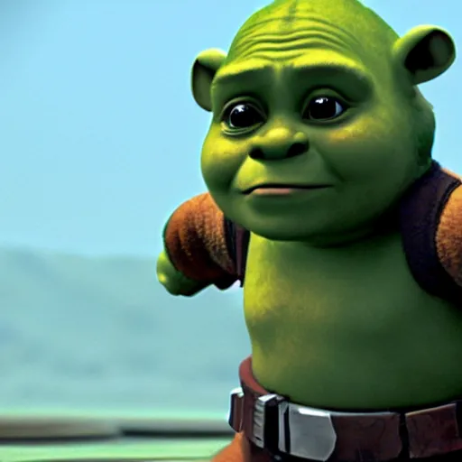 Image similar to a film still of baby shrek in the mandalorian