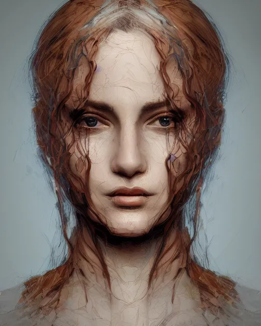 Image similar to The face of a woman being slowly recovered of tree roots, calm-looking, digital art, artstation, 8k, intricate, meaningful