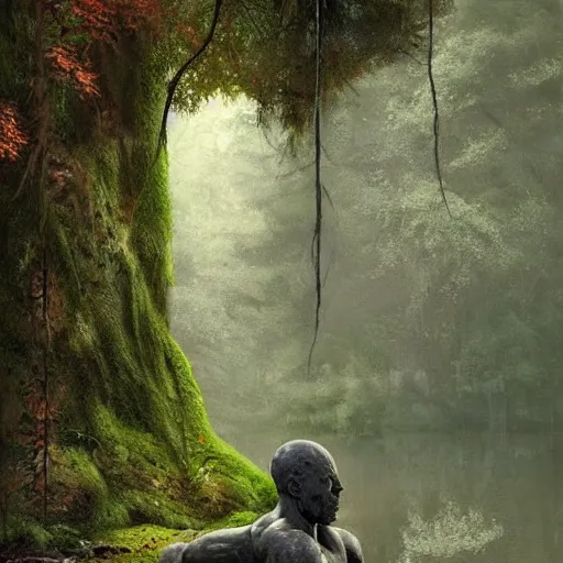 Prompt: ancient stone golem resting beside a pond inside a forest, muscular human statue with moss, oil painting, by Greg Rutkowski