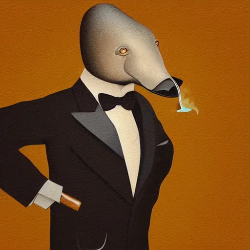 Image similar to a portrait of a platypus wearing a black suit, smoking a cigar, gorgeous, intricate, elegant, volumetric lighting, scenery, high detail digital art, smooth, rene magritte, illustration, concept art