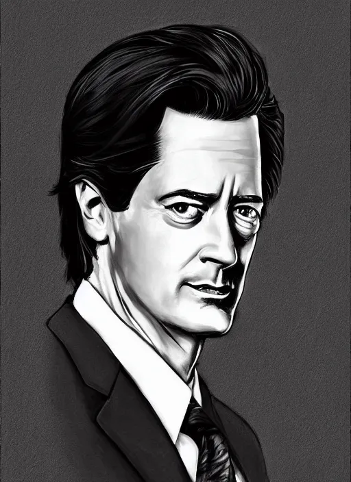 Prompt: portrait of kyle maclachlan as dale cooper by r. kikuo johnson