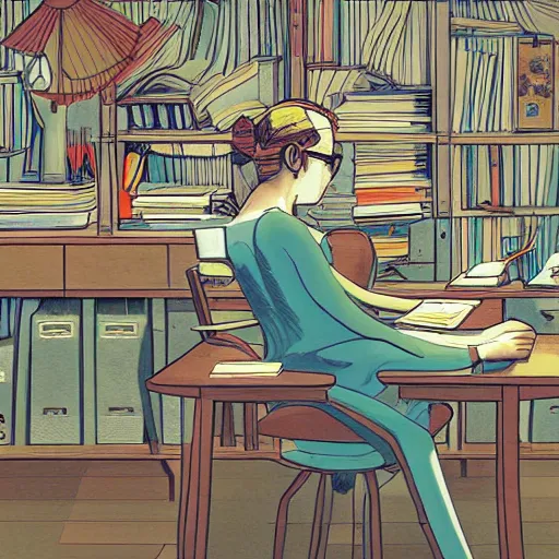 Prompt: a researcher at a desk, by james jean