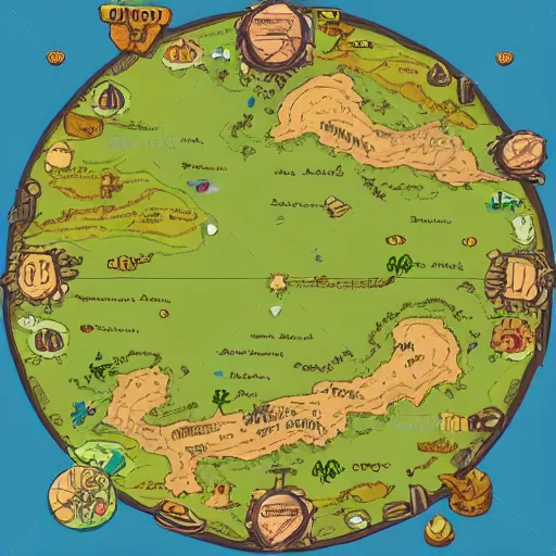 Prompt: game map overworld concept art, circular map with continents and a central island