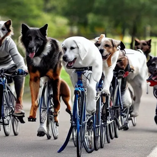 Prompt: group of dogs!!!!!!!!!!! riding bikes, bicycles, photo, highly detailed, race