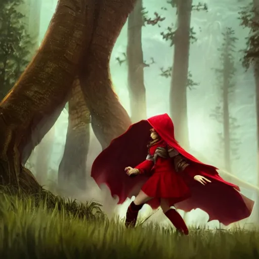 Image similar to Toddler little red riding hood fighting and slaying a giant scary werewolf, 3d scene, render, ultra realistic, zenith view, Greg Rutkowski, artstation, cgsociety, unreal engine, 3d scene, render, ultra realistic