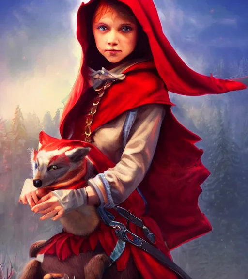 Prompt: an epic fantasy comic book style portrait painting of an extremely cute and adorable very beautiful little red riding hood riding on a wolf, unreal 5, daz, hyperrealistic, octane render, cosplay, rpg portrait, dynamic lighting, intricate detail, summer vibrancy, cinematic