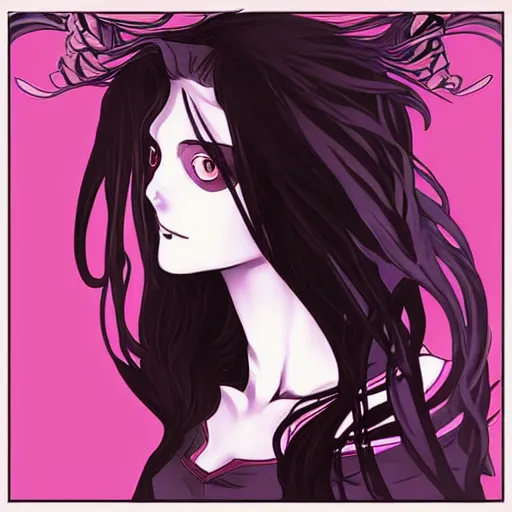 Prompt: anime manga skull portrait woman comic skeleton illustration style by alphonse mucha and artgerm, dramatic lighting, pop art nouveau