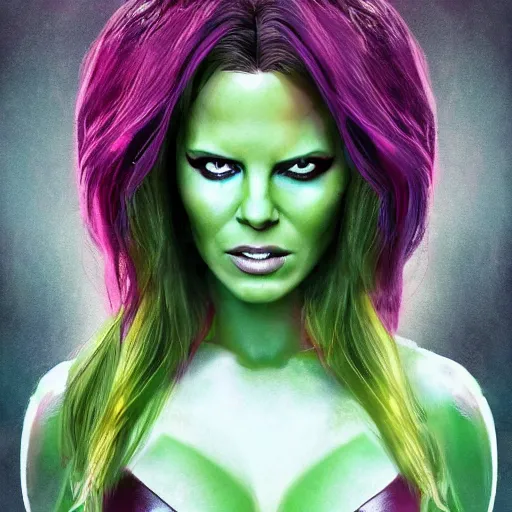 Image similar to full body portrait of kate beckinsale as gamora ( guardians of the galaxy ), beautiful face, digital art