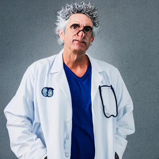 Prompt: portrait photo still of real life rick sanchez wearing a labcoat 8 k, 8 5 mm f 1. 8