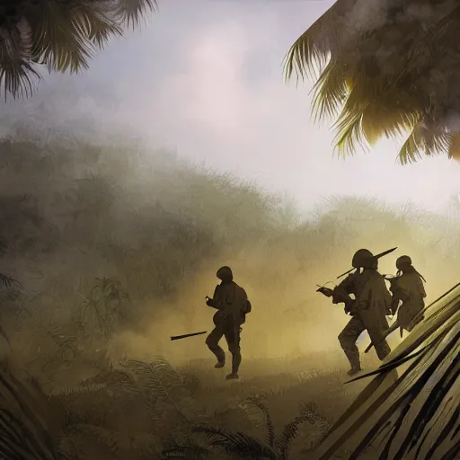 Image similar to handmade illustration of an epic Vietnam war scene with a many soldiers walking, the jungle at the background, Jamaica flag, some smoke and fire, blue sky with dramatic clouds, line art, ink, watercolor by Kilian Eng and by Jake Parker, heavy brushstrokes, winning-award masterpiece, fantastic, octane render, 8K HD Resolution, High quality image