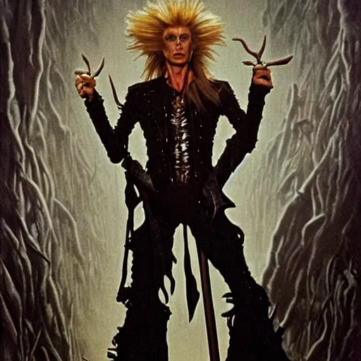 Image similar to David Bowie as the Goblin King from the movie Labyrinth (1986), intricate, highly detailed, fullbody, artstation, concept art, smooth, sharp focus, illustration, art by greg rutkowski and orientalism and bouguereau and Zdzislaw Beksinski, good clear quality, lighting, biology, symmetrical artwork, perfect face, 135 mm, cinematic, hyper realism, high detail, octane render, 8k, chrome accents