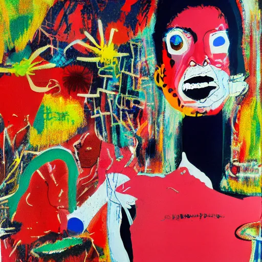Image similar to acrylic painting of two bizarre psychedelic women kissing in japan in summer, speculative evolution, mixed media collage by basquiat and jackson pollock, maximalist magazine collage art, sapphic art, psychedelic illustration